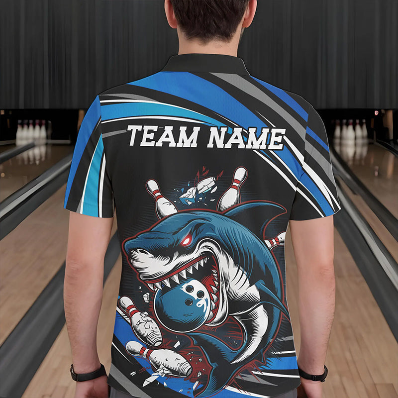 Black And Blue Custom Shark Bowling Team Polo Shirts For Men, Shark Bowling League Shirt IPHW8727