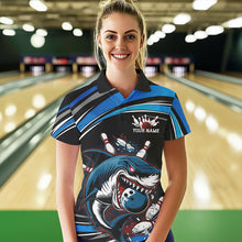 Load image into Gallery viewer, Black And Blue Custom Shark Bowling Team Polo Shirts For Women, Shark Bowling League Shirt IPHW8727