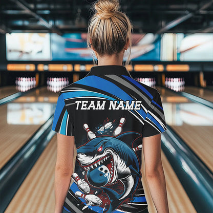 Black And Blue Custom Shark Bowling Team Polo Shirts For Women, Shark Bowling League Shirt IPHW8727