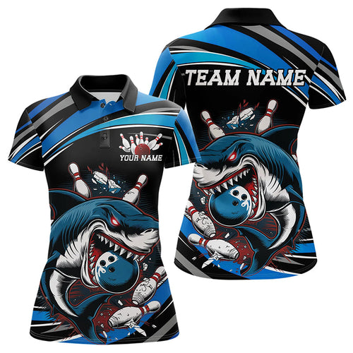 Black And Blue Custom Shark Bowling Team Polo Shirts For Women, Shark Bowling League Shirt IPHW8727