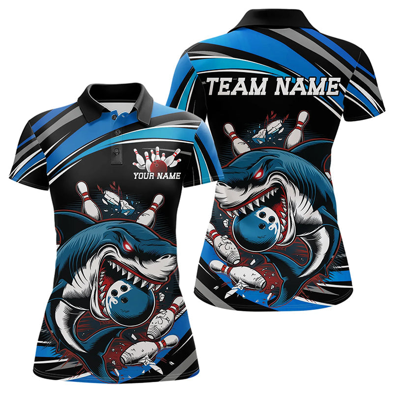 Black And Blue Custom Shark Bowling Team Polo Shirts For Women, Shark Bowling League Shirt IPHW8727