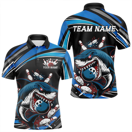 Black And Blue Custom Shark Bowling Team Polo Shirts For Men, Shark Bowling League Shirt IPHW8727
