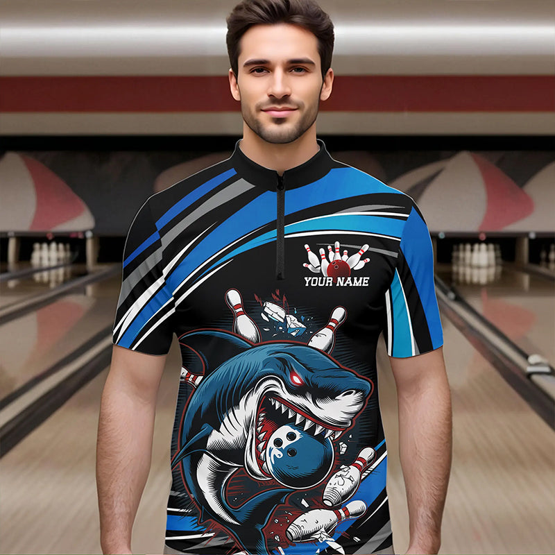 Black And Blue Custom Shark Bowling Team Quarter-Zip Shirts For Men, Shark Bowling League Shirt IPHW8727