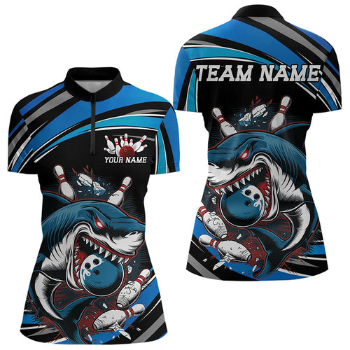 Black And Blue Custom Shark Bowling TeamWomen Quarter-Zip Shirts, Bowling League Shirt IPHW8727