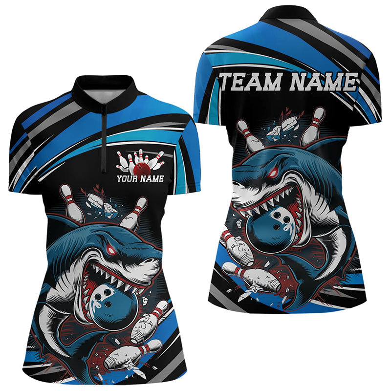 Black And Blue Custom Shark Bowling TeamWomen Quarter-Zip Shirts, Bowling League Shirt IPHW8727