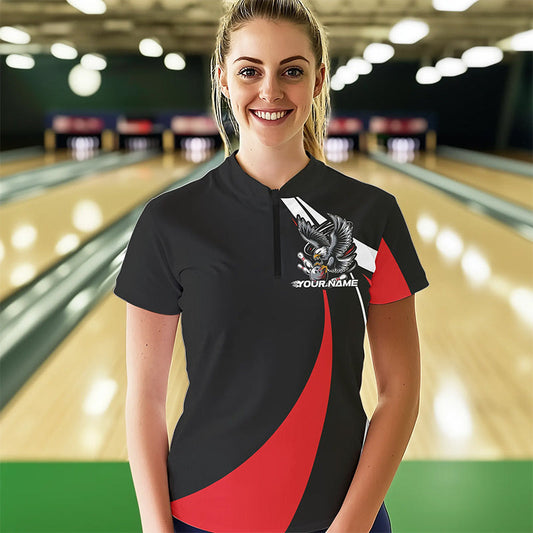 Custom Black And Red Eagle Bowling Women Quarter-Zip Shirts, Eagle Bowling Team Jerseys IPHW8732