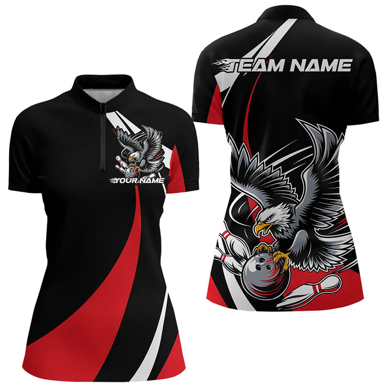 Custom Black And Red Eagle Bowling Women Quarter-Zip Shirts, Eagle Bowling Team Jerseys IPHW8732