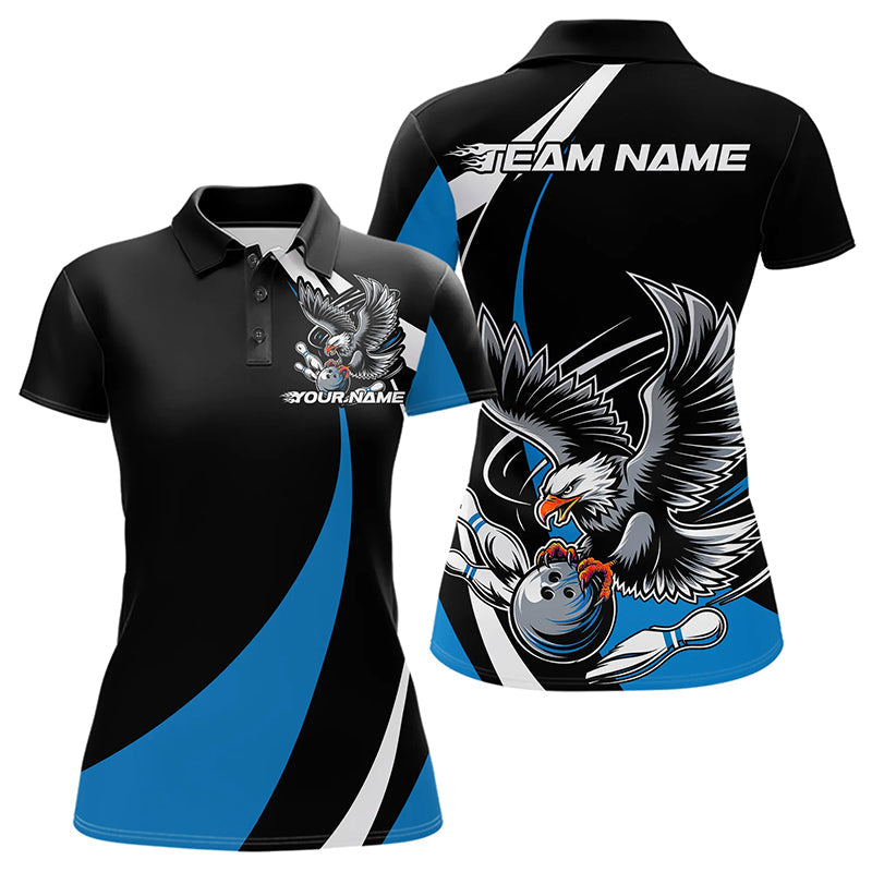 Custom Black And Blue Eagle Bowling Women Polo Shirts, Eagle Bowling Team Jerseys IPHW8733