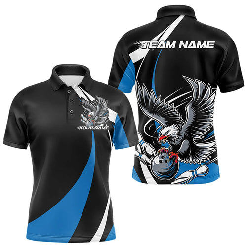 Custom Black And Blue Eagle Bowling Men Polo Shirts, Eagle Bowling Team Jerseys IPHW8733