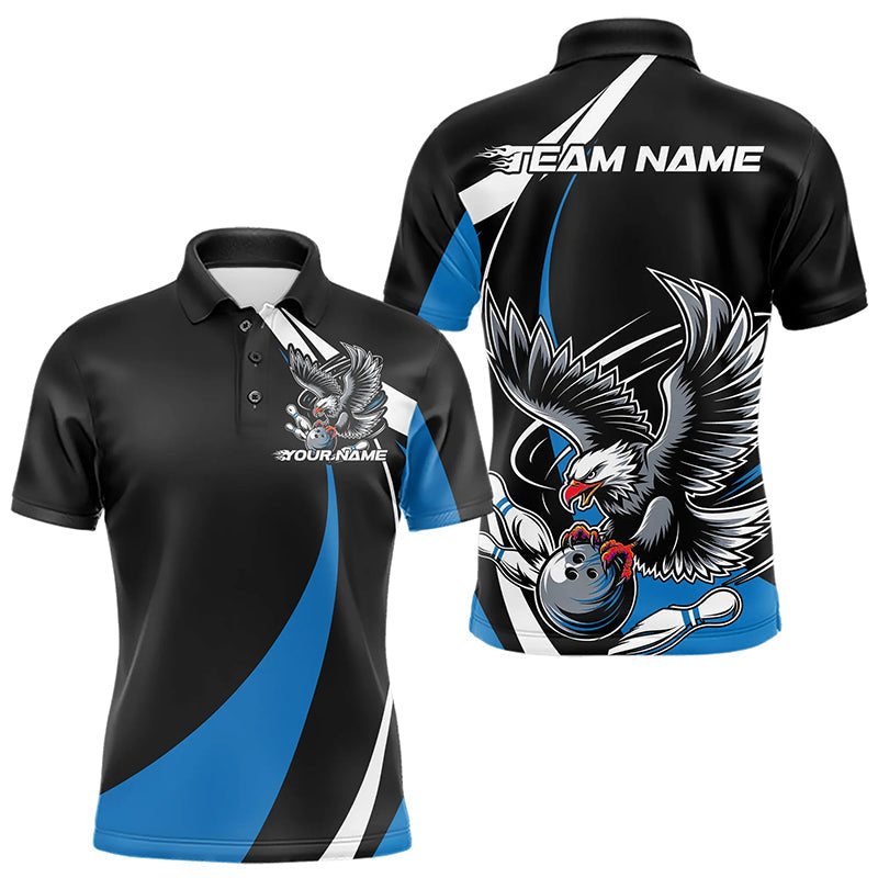 Custom Black And Blue Eagle Bowling Men Polo Shirts, Eagle Bowling Team Jerseys IPHW8733