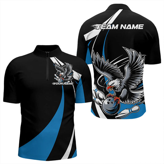 Custom Black And Blue Eagle Bowling Men Quarter-Zip Shirts, Eagle Bowling Team Jerseys IPHW8733