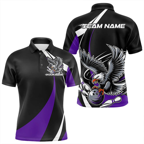Custom Black And Purple Eagle Bowling Men Polo Shirts, Eagle Bowling Team Jerseys IPHW8734