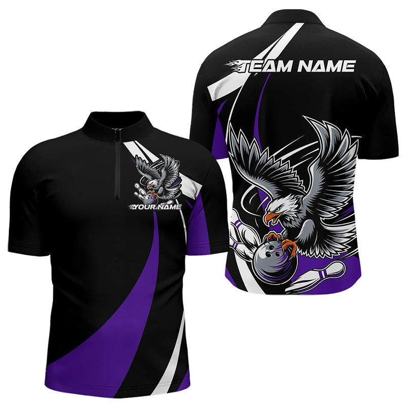 Custom Black And Purple Eagle Bowling Men Quarter-Zip Shirts, Eagle Bowling Team Jerseys IPHW8734