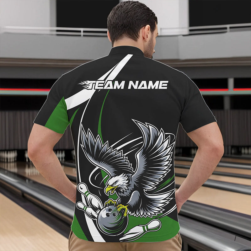 Custom Black And Green Eagle Bowling Men Quarter-Zip Shirts, Eagle Bowling Team Jerseys IPHW8735