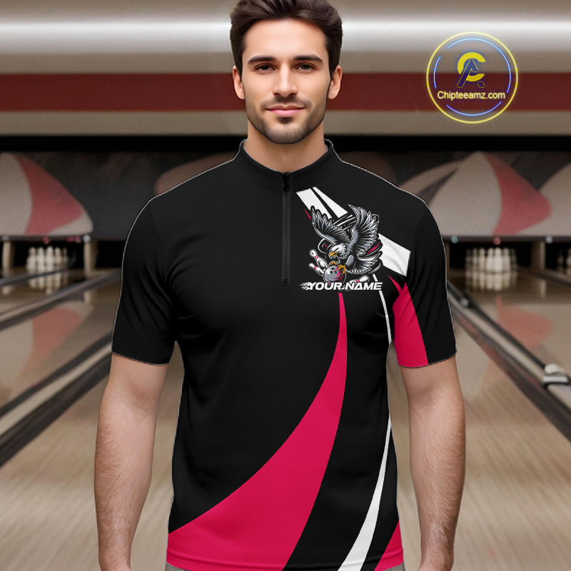 Custom Black And Pink Eagle Bowling Jerseys, Eagle Bowling League Shirt Team Uniform IPHW10812
