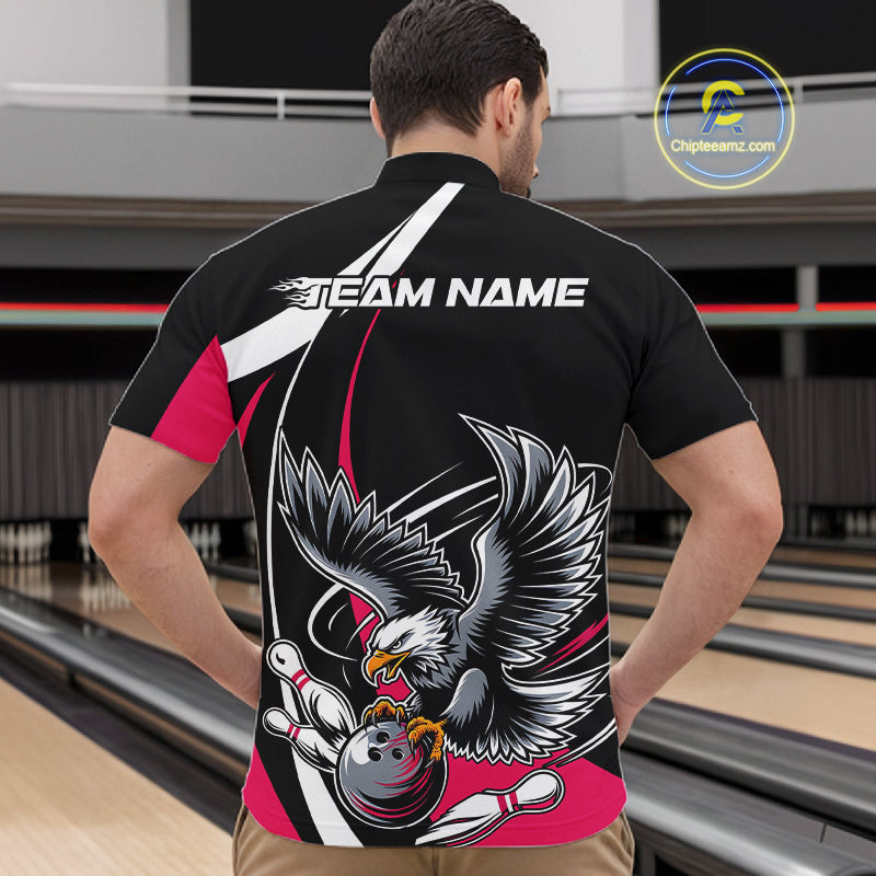 Custom Black And Pink Eagle Bowling Jerseys, Eagle Bowling League Shirt Team Uniform IPHW10812