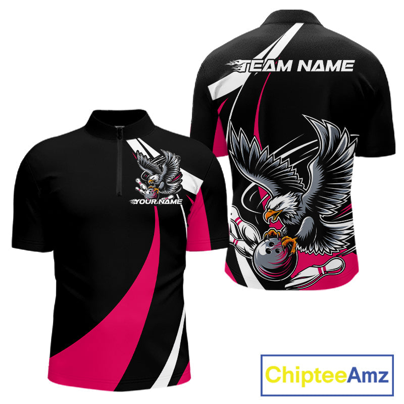 Custom Black And Pink Eagle Bowling Jerseys, Eagle Bowling League Shirt Team Uniform IPHW10812
