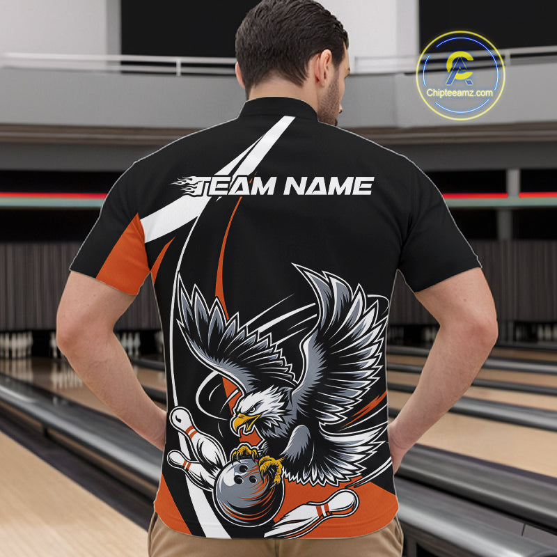 Custom Black And Orange Eagle Bowling Jerseys, Eagle Bowling League Shirt Team Uniform IPHW10814