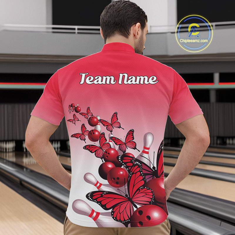 Custom Red Gradient Butterfly Bowling Men Quarter-Zip Shirts For Team, Bowling League Shirt IPHW10824