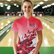 Load image into Gallery viewer, Custom Red Gradient Butterfly Bowling Women Quarter-Zip Shirts, Bowling League Shirt IPHW10824