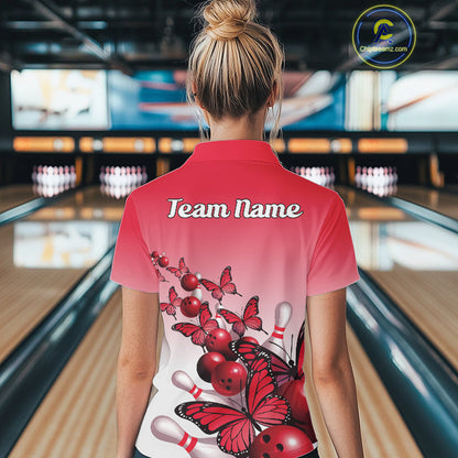 Custom Red Gradient Butterfly Bowling Women Quarter-Zip Shirts, Bowling League Shirt IPHW10824