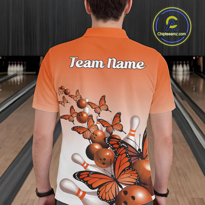 Custom Orange Gradient Butterfly Bowling Men Polo Shirts For Team, Bowling League Shirt IPHW10825