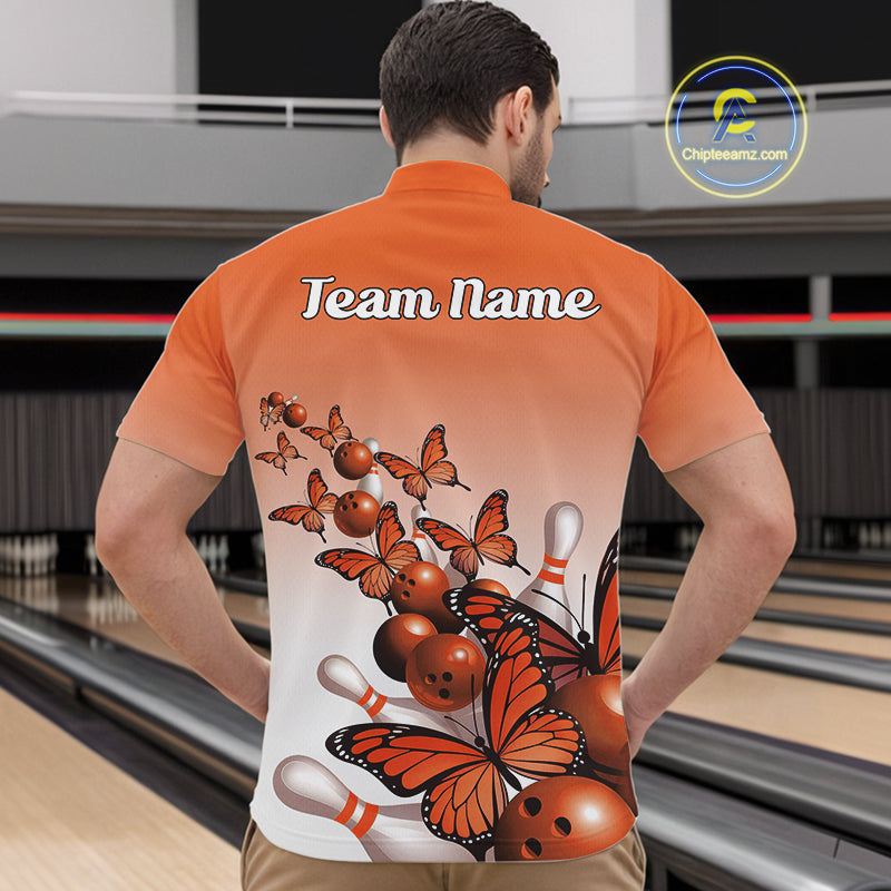 Custom Orange Gradient Butterfly Bowling Men Quarter-Zip Shirts For Team, Bowling League Shirt IPHW10825