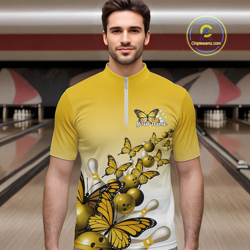 Custom Yellow Gradient Butterfly Bowling Men Quarter-Zip Shirts For Team, Bowling League Shirt IPHW10826