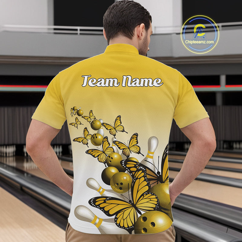 Custom Yellow Gradient Butterfly Bowling Men Quarter-Zip Shirts For Team, Bowling League Shirt IPHW10826