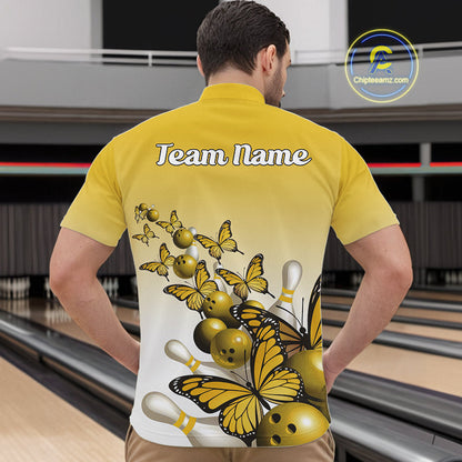 Custom Yellow Gradient Butterfly Bowling Men Quarter-Zip Shirts For Team, Bowling League Shirt IPHW10826