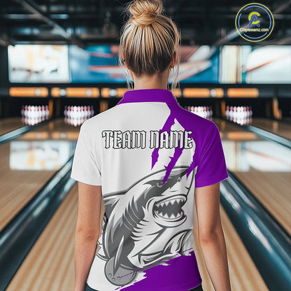 Custom White And Purple Shark Jerseys, Shark Bowling Team Women Polo Shirts Bowler Outfit IPHW8988
