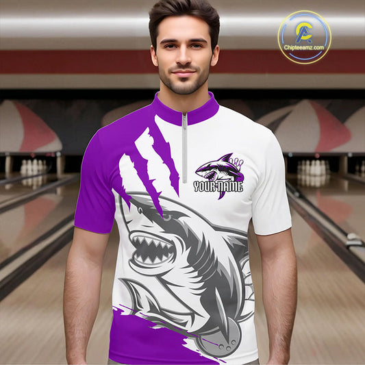 Custom White And Purple Shark Jerseys, Shark Bowling Team Men Quarter-Zip Shirts Bowlers Outfit IPHW8988