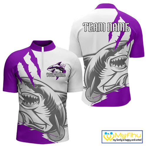 Custom White And Purple Shark Jerseys, Shark Bowling Team Men Quarter-Zip Shirts Bowlers Outfit IPHW8988