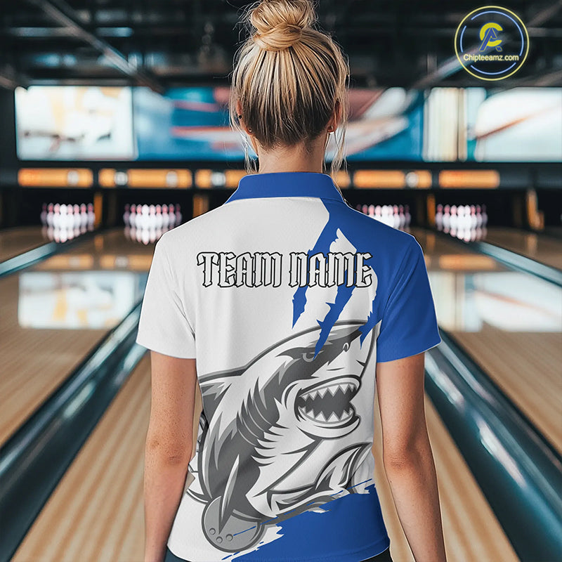 Custom White And Blue Shark Jerseys, Shark Bowling Team Women Polo Shirts Bowlers Outfit IPHW8990