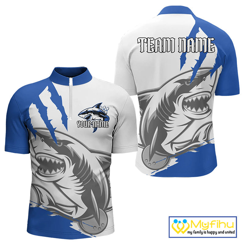 Custom White And Blue Shark Jerseys, Shark Bowling Team Men Quarter-Zip Shirts Bowlers Outfit IPHW8990