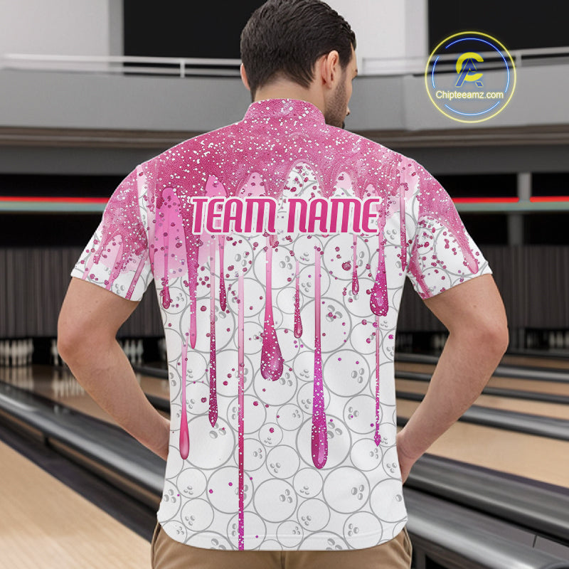 3D Pink Glitter Pink Ribbon Pattern Custom Breast Cancer Bowling Polo Shirts For Men And Women IPHW7051