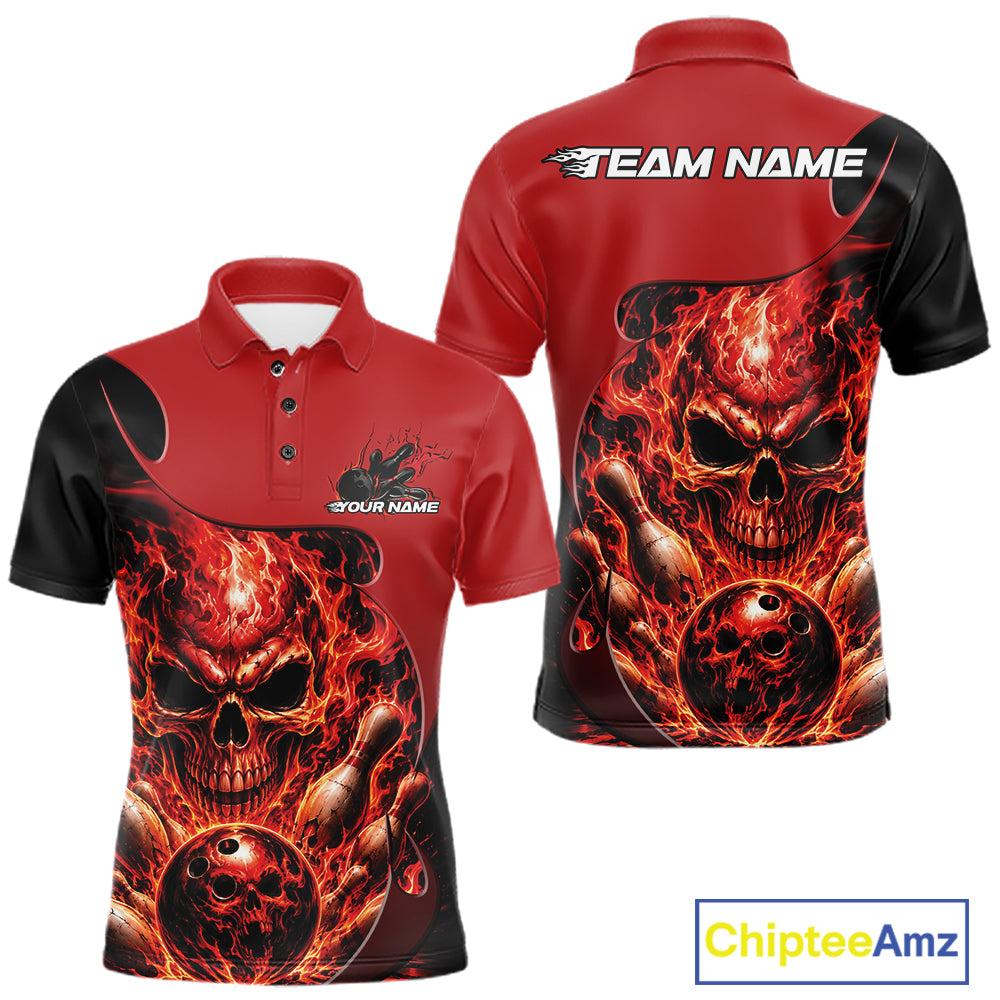 Custom Black And Red Fire Flame Halloween Skull Bowling Men Polo Shirt, Team Jersey IPHW11998