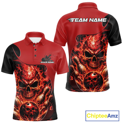 Custom Black And Red Fire Flame Halloween Skull Bowling Men Polo Shirt, Team Jersey IPHW11998
