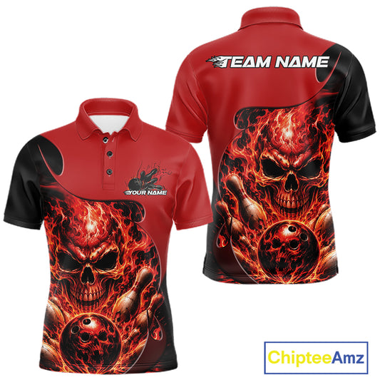 Custom Black And Red Fire Flame Halloween Skull Bowling Men Polo Shirt, Team Jersey IPHW11998