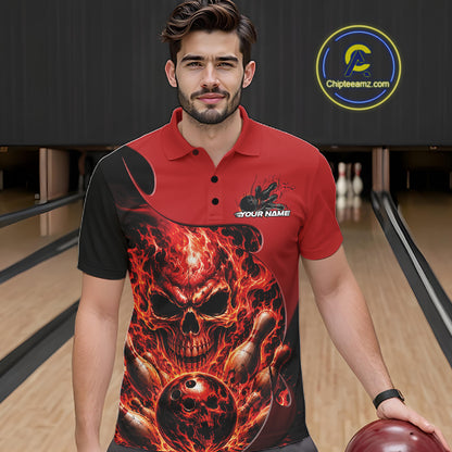 Custom Black And Red Fire Flame Halloween Skull Bowling Men Polo Shirt, Team Jersey IPHW11998