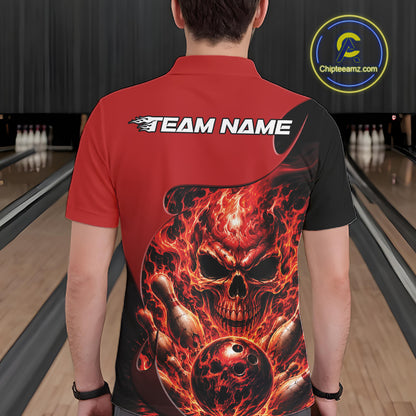 Custom Black And Red Fire Flame Halloween Skull Bowling Men Polo Shirt, Team Jersey IPHW11998