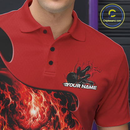 Custom Black And Red Fire Flame Halloween Skull Bowling Men Polo Shirt, Team Jersey IPHW11998