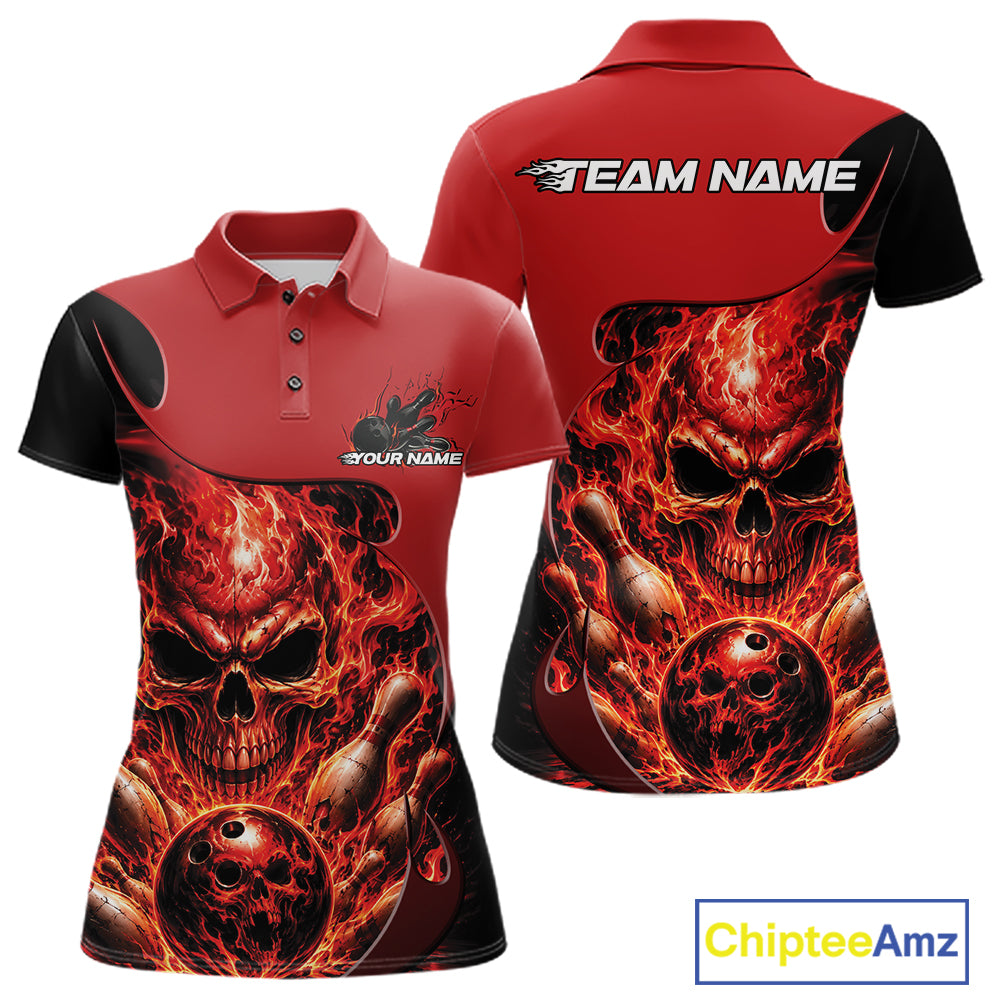 Custom Black And Red Fire Flame Halloween Skull Bowling Women Polo Shirt, Team Jersey IPHW11998