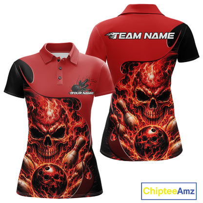 Custom Black And Red Fire Flame Halloween Skull Bowling Women Polo Shirt, Team Jersey IPHW11998