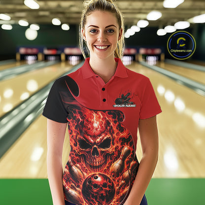 Custom Black And Red Fire Flame Halloween Skull Bowling Women Polo Shirt, Team Jersey IPHW11998