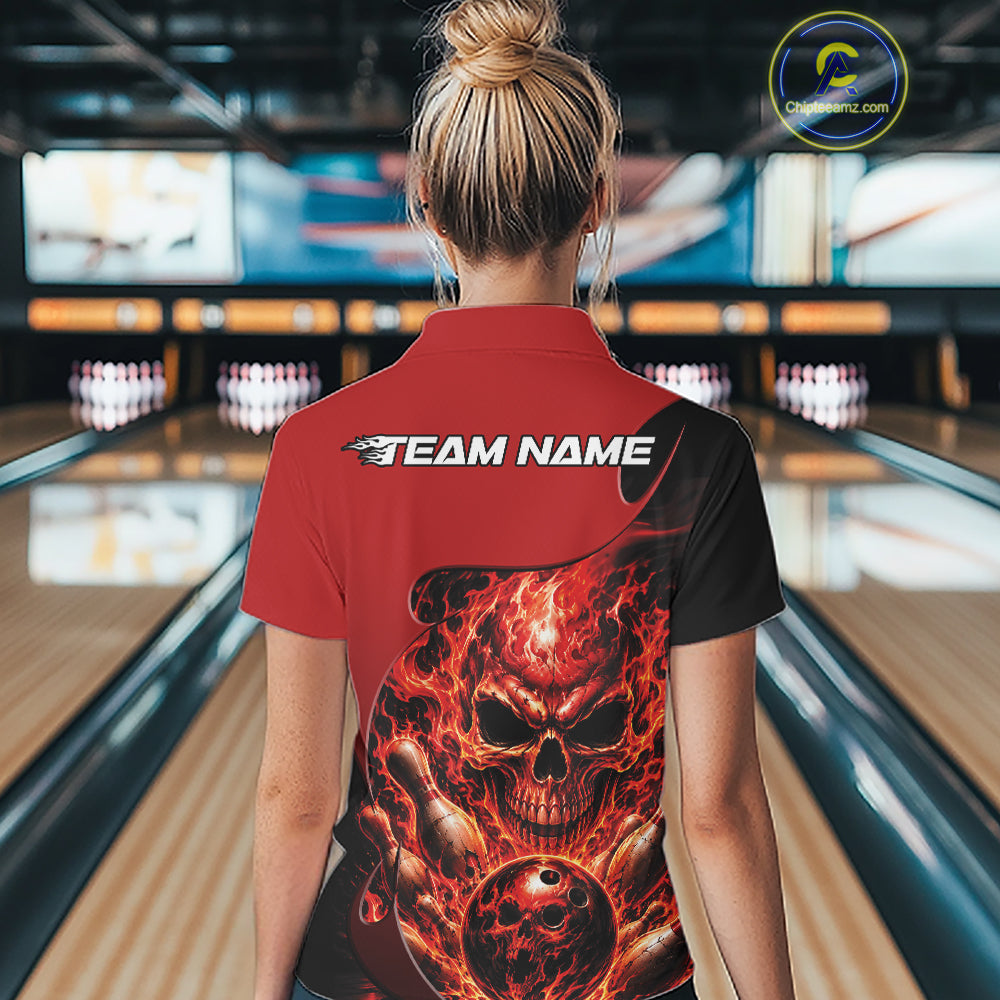 Custom Black And Red Fire Flame Halloween Skull Bowling Women Polo Shirt, Team Jersey IPHW11998