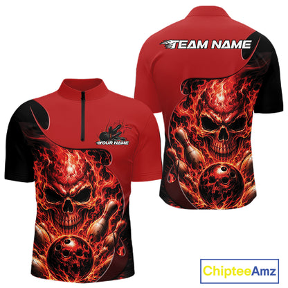 Custom Black And Red Fire Flame Halloween Skull Bowling Men Quarter Zip Shirt, Team Jersey IPHW11998