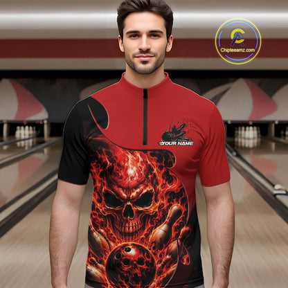 Custom Black And Red Fire Flame Halloween Skull Bowling Men Quarter Zip Shirt, Team Jersey IPHW11998