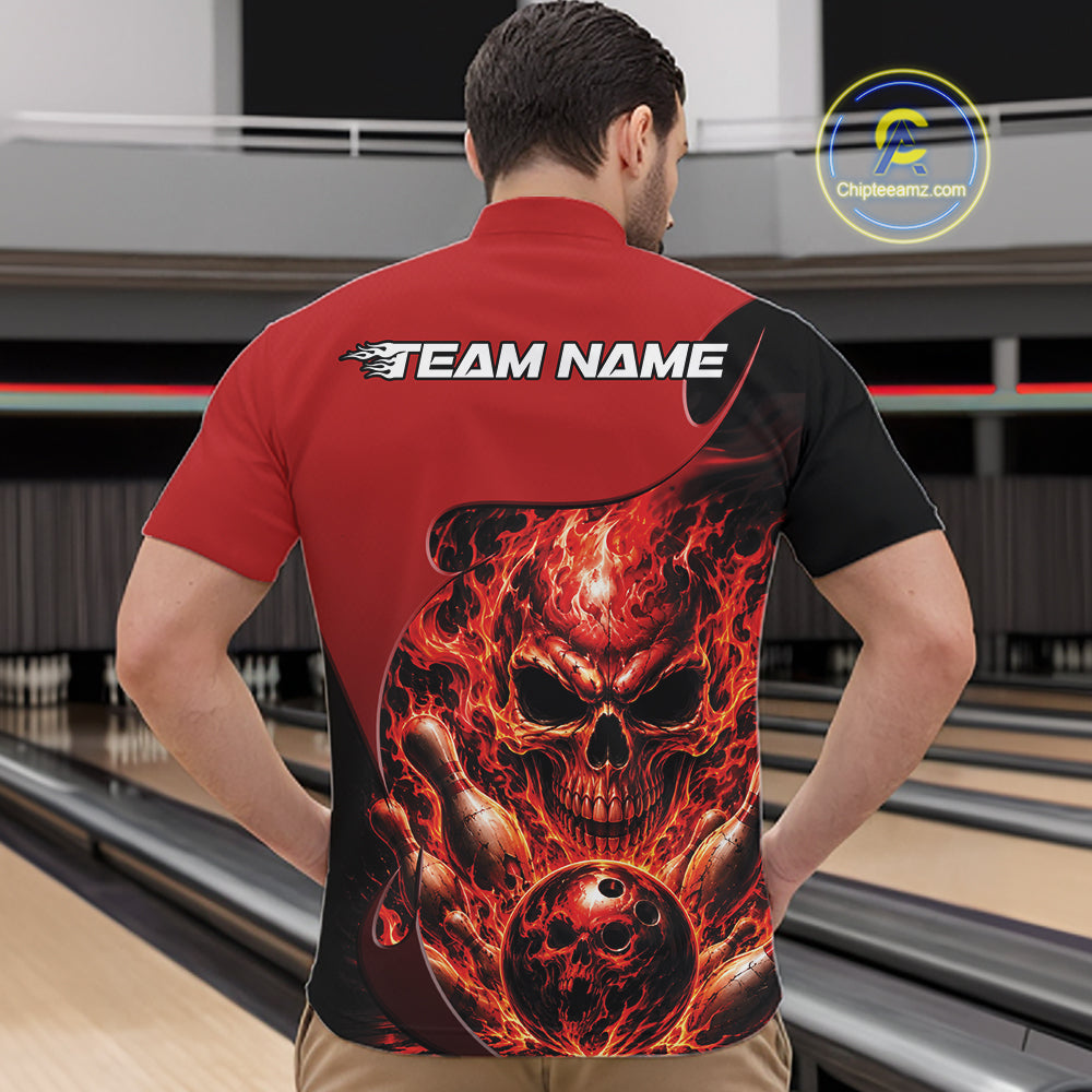 Custom Black And Red Fire Flame Halloween Skull Bowling Men Quarter Zip Shirt, Team Jersey IPHW11998