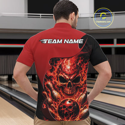 Custom Black And Red Fire Flame Halloween Skull Bowling Men Quarter Zip Shirt, Team Jersey IPHW11998